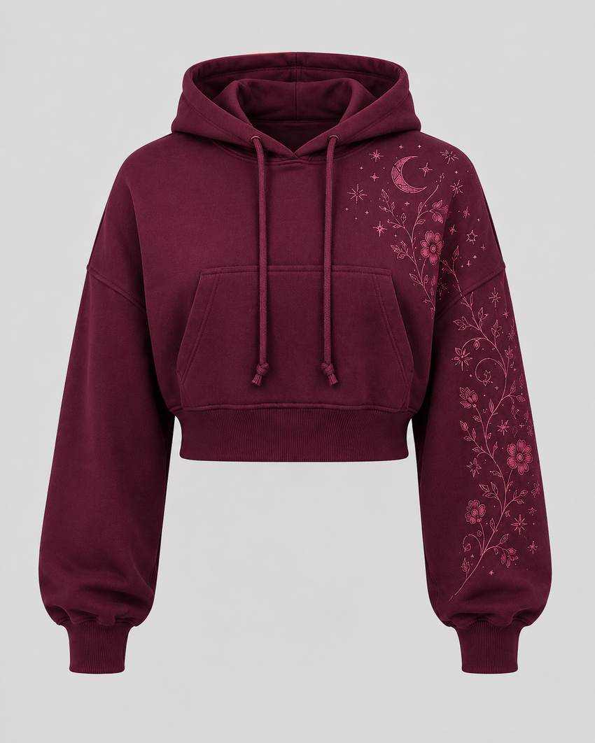 Maroon Celestial Floral Crop Hoodie