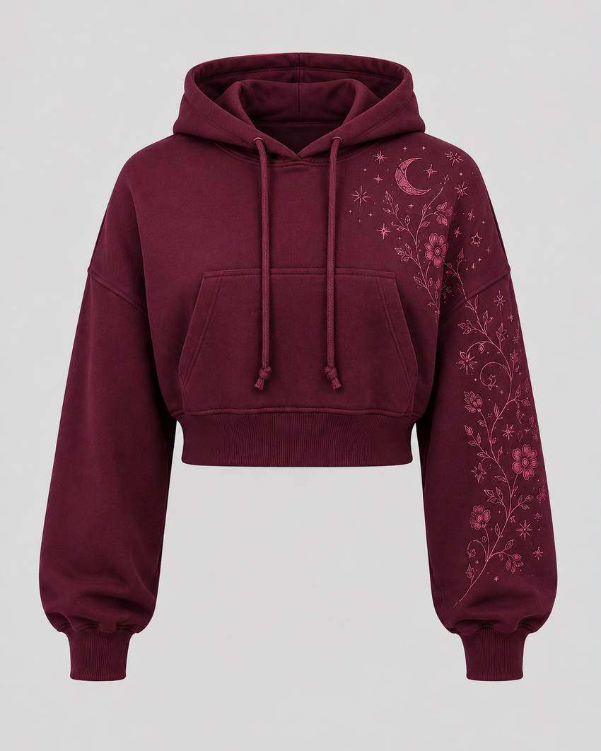 Maroon Celestial Floral Crop Hoodie
