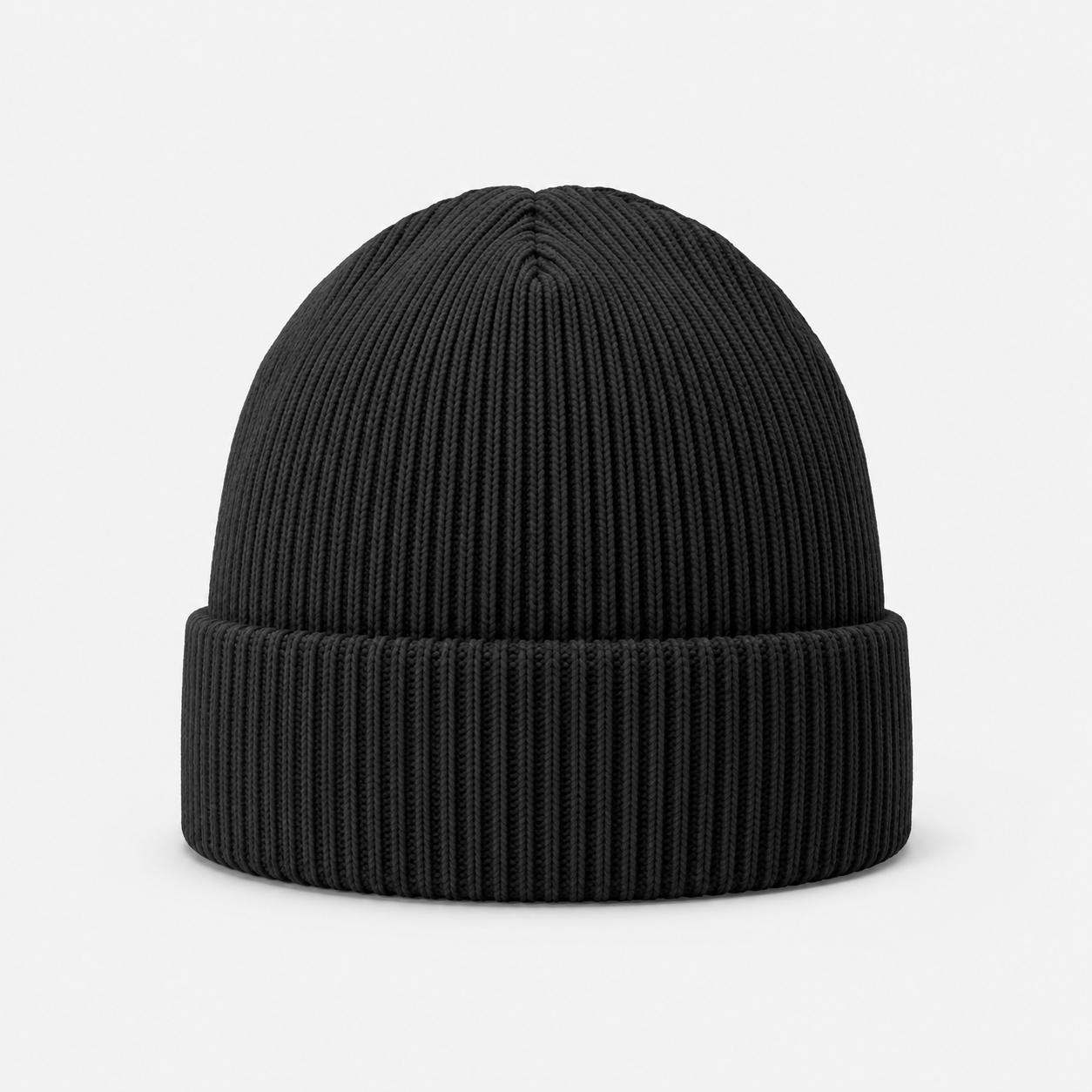 Plain Black Rib-Knit Cuffed Beanie Cap
